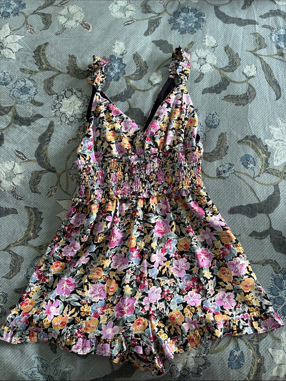 Floral Smocked V-Neck Romper in Black with Pink & Yellow Flowers